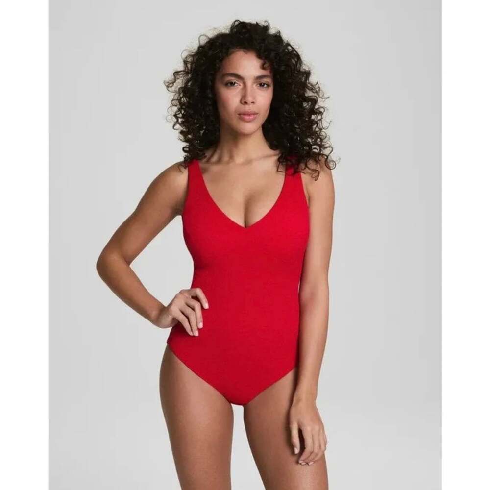 NWOT SPANX Red One Piece Swimsuit Size Small Plunge V Neck Textured